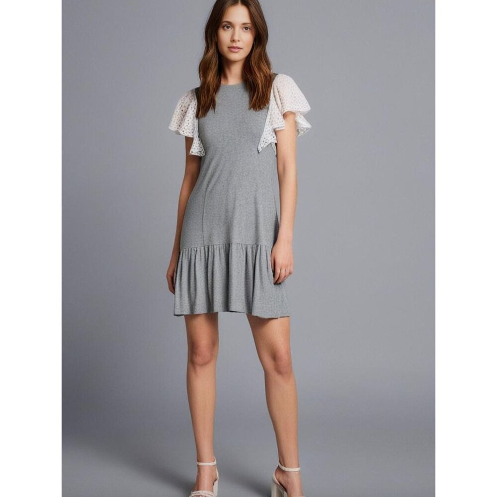 Rebecca Taylor White Eyelet Flutter Sleeve Tiered Mini Tee Dress Grey Casual XS